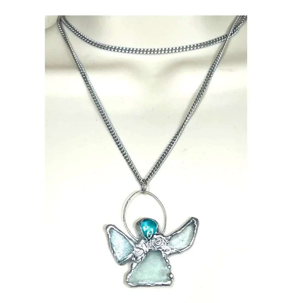 Sea Glass Angel Pendant Bezel Handcrafted with intricate Silver Blend Metalwork - Picture 4 of 12